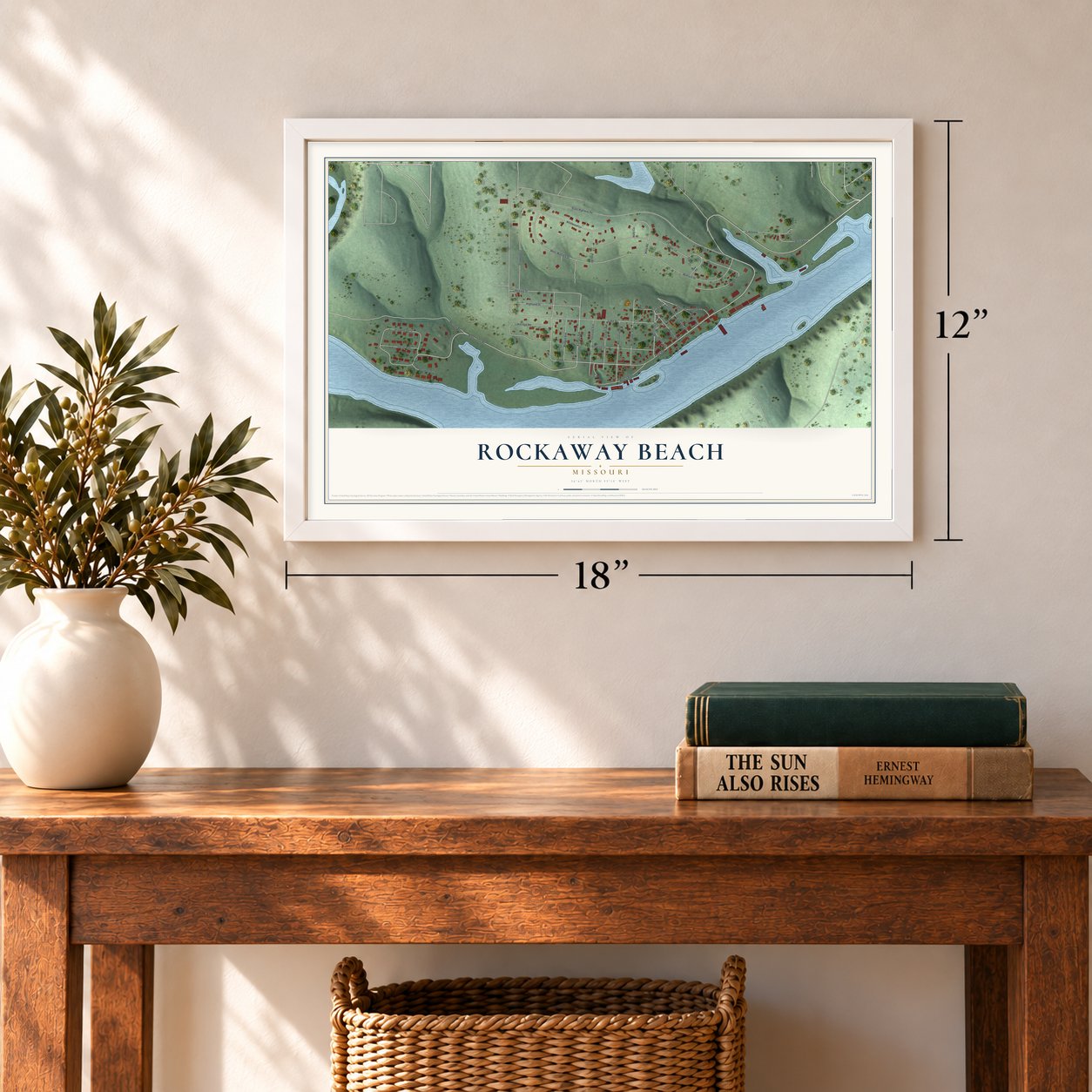 Rockaway Beach, Missouri map, 12 x 18 inch print in a white frame in an entryway