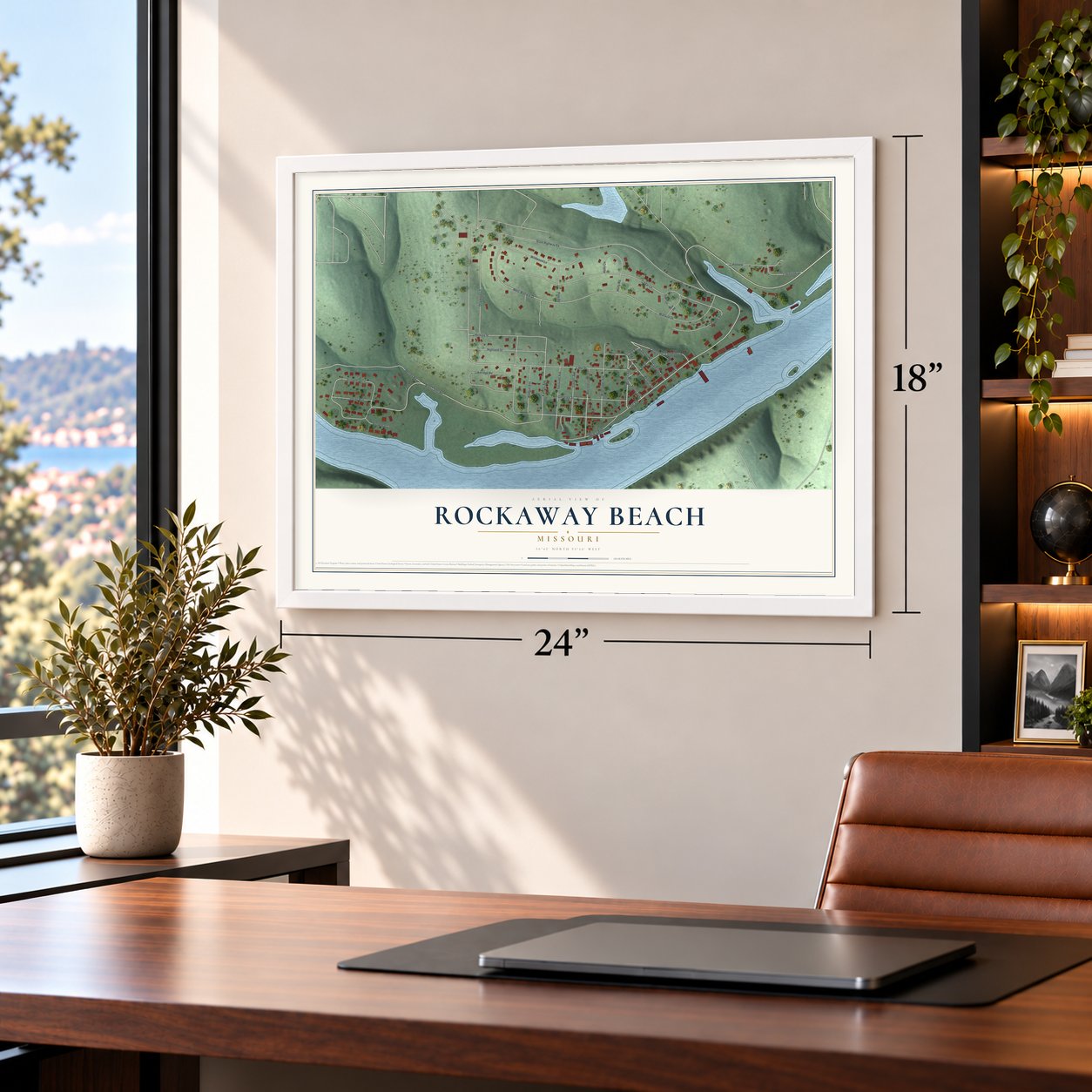 Rockaway Beach, Missouri map, 18 x 24 inch print in a white frame in a home office