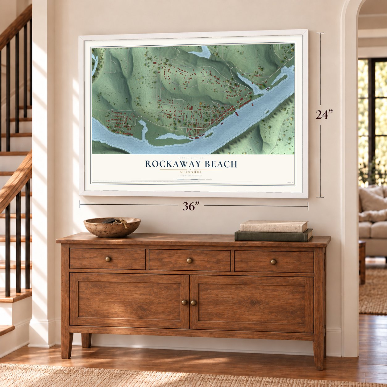 Rockaway Beach, Missouri map, 24 x 36 inch print in a white frame above a dresser by a staircase
