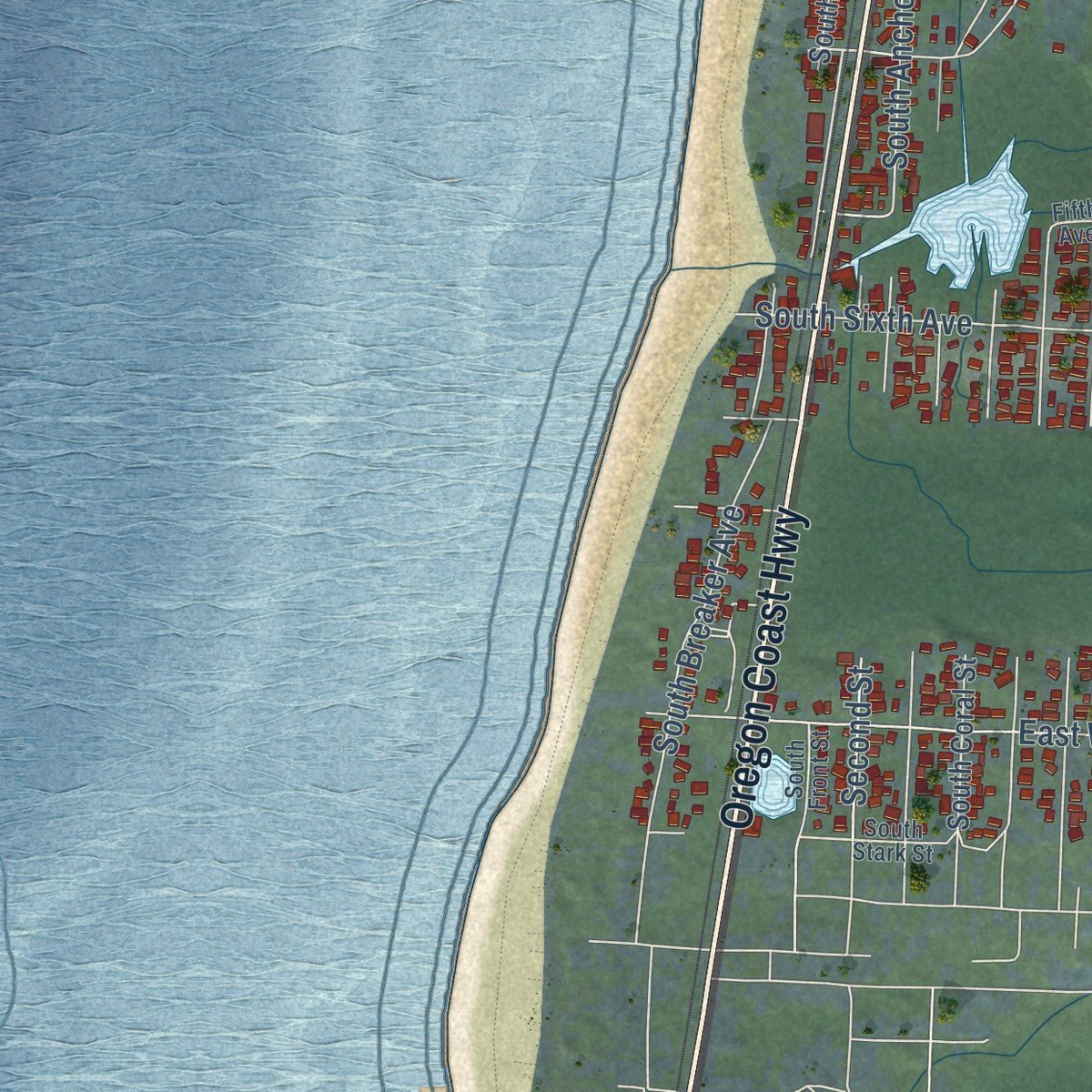 Second close-up of the map of Rockaway Beach, Oregon print showing more streets and buildings