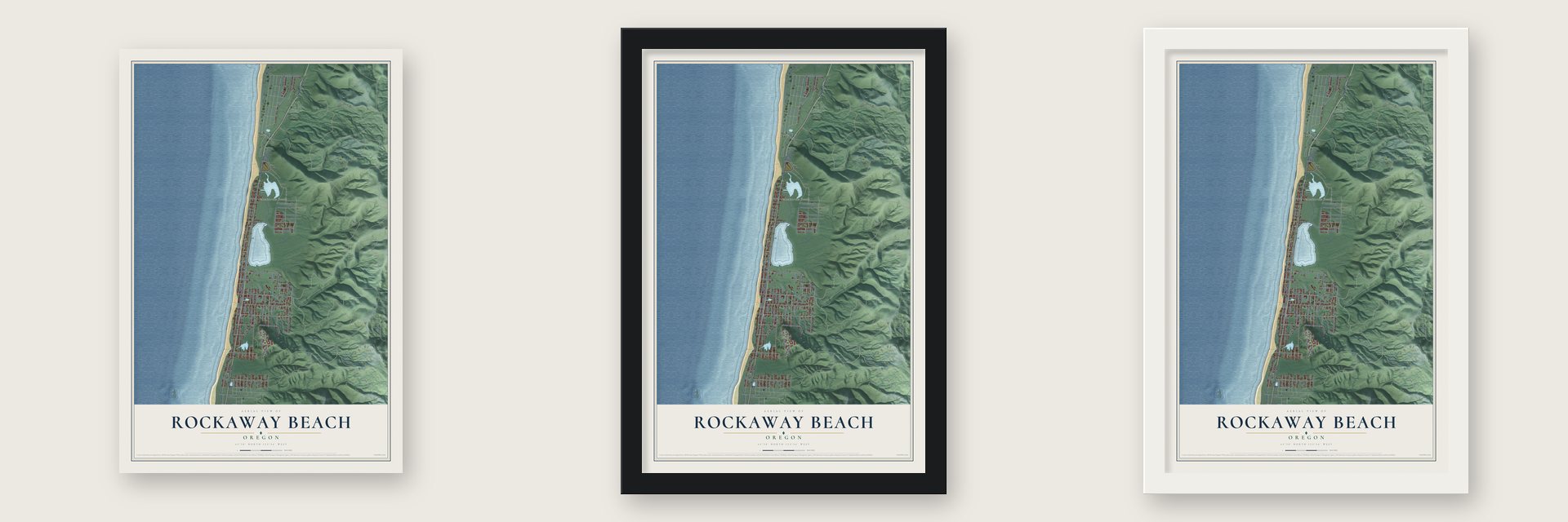 Rockaway Beach, Oregon map unframed, in a black wood frame and in a white wood frame