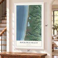 Rockaway Beach, Oregon map, 24 x 36 inch print in a white frame by a staircase