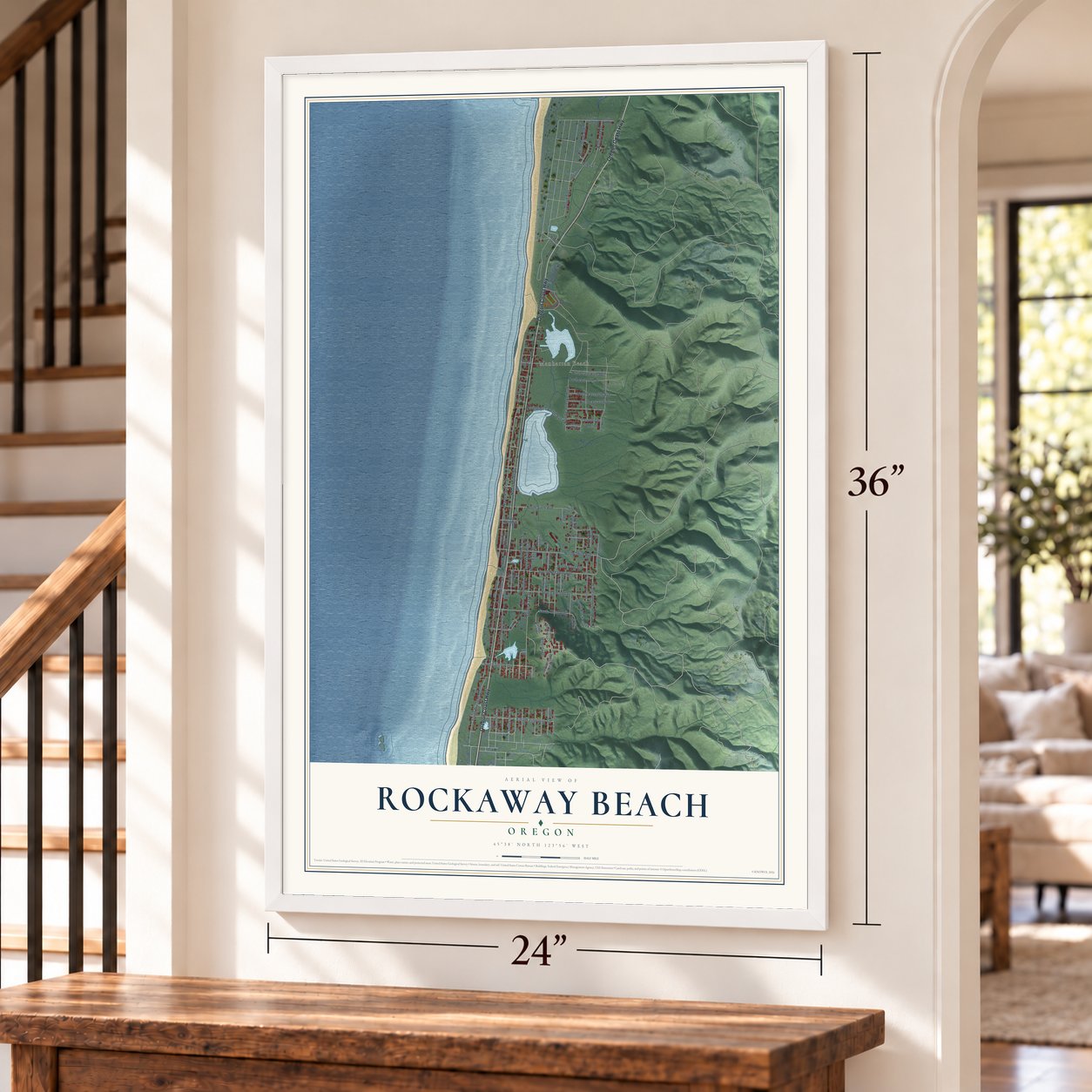 Rockaway Beach, Oregon map, 24 x 36 inch print in a white frame by a staircase