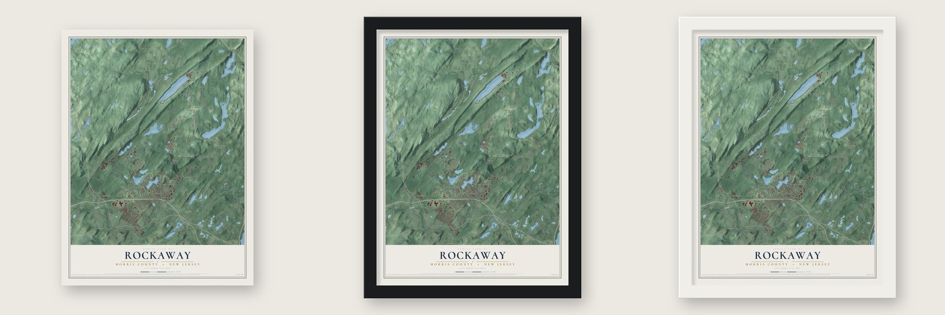 Rockaway, Morris County, New Jersey map unframed, in a black wood frame and in a white wood frame