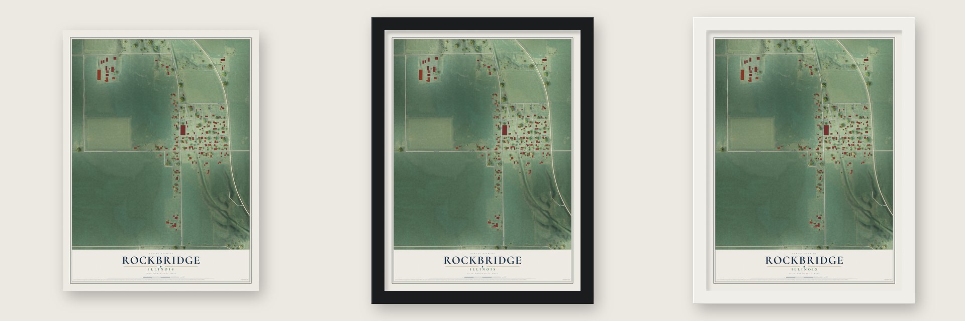 Rockbridge, Illinois map unframed, in a black wood frame and in a white wood frame
