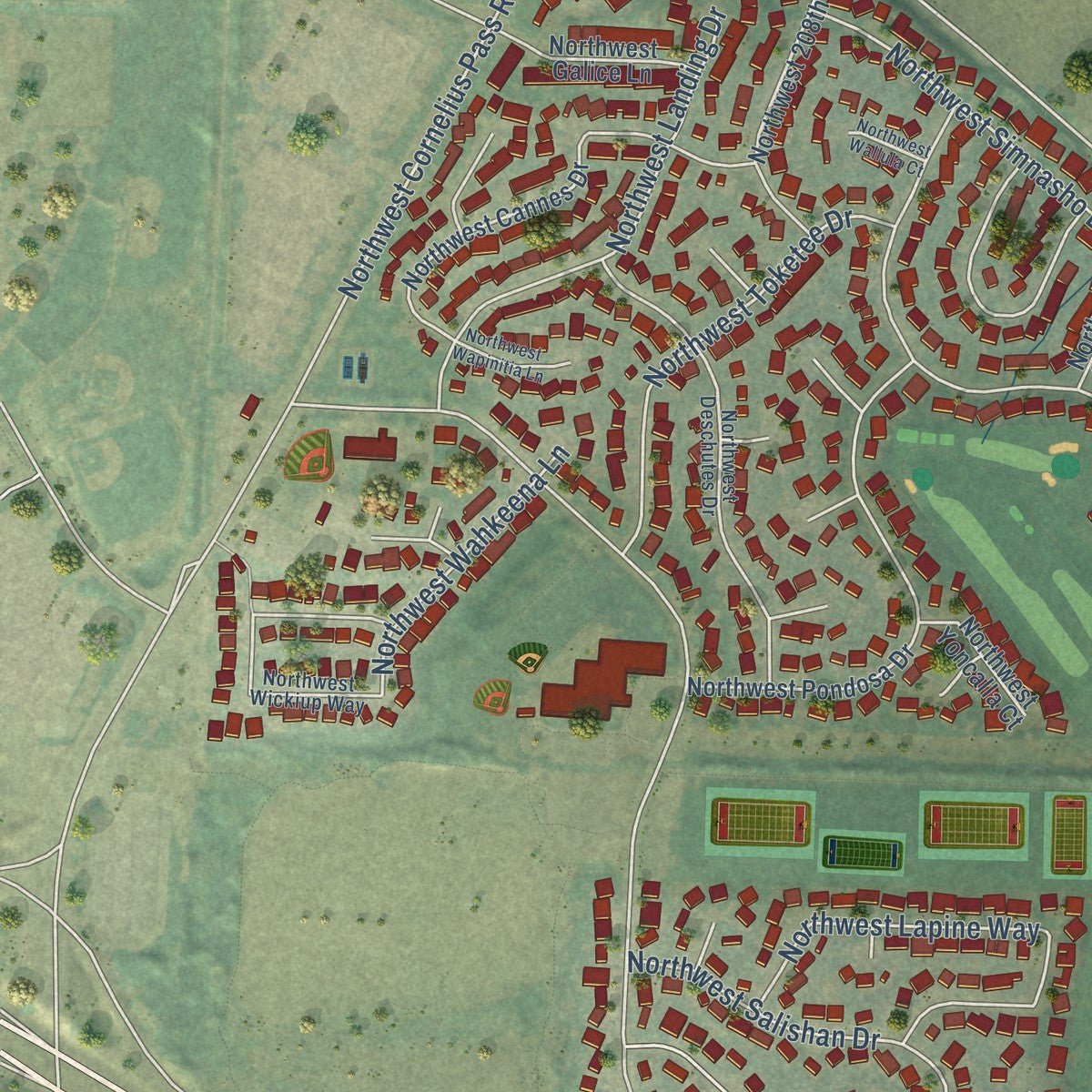 Second close-up of the map of Rockcreek, Oregon print showing more streets and buildings