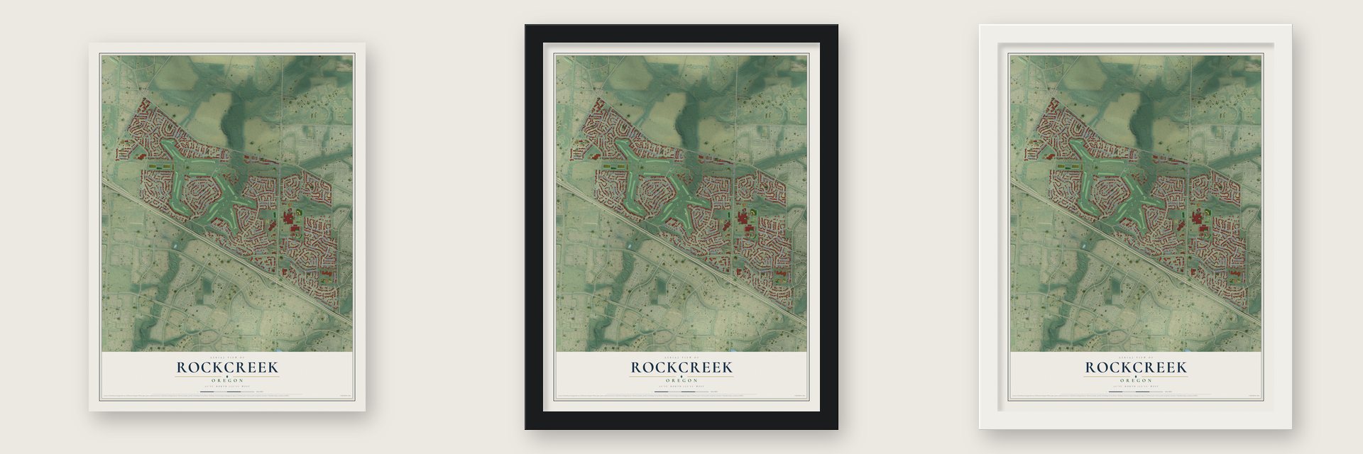Rockcreek, Oregon map unframed, in a black wood frame and in a white wood frame