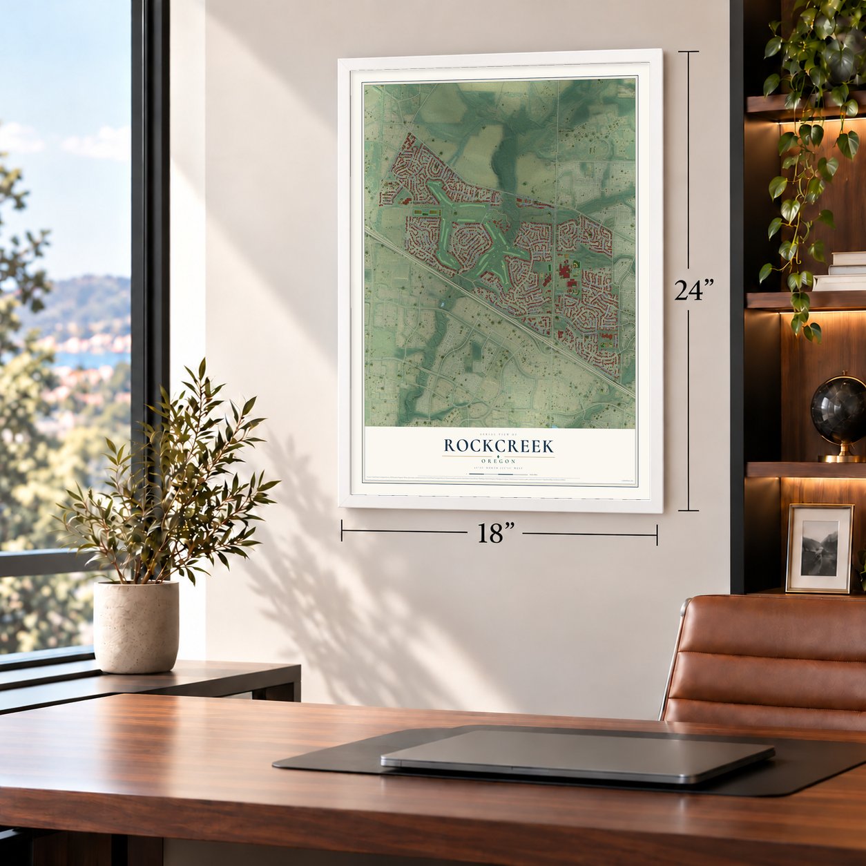 Rockcreek, Oregon map, 18 x 24 inch print in a white frame in a home office