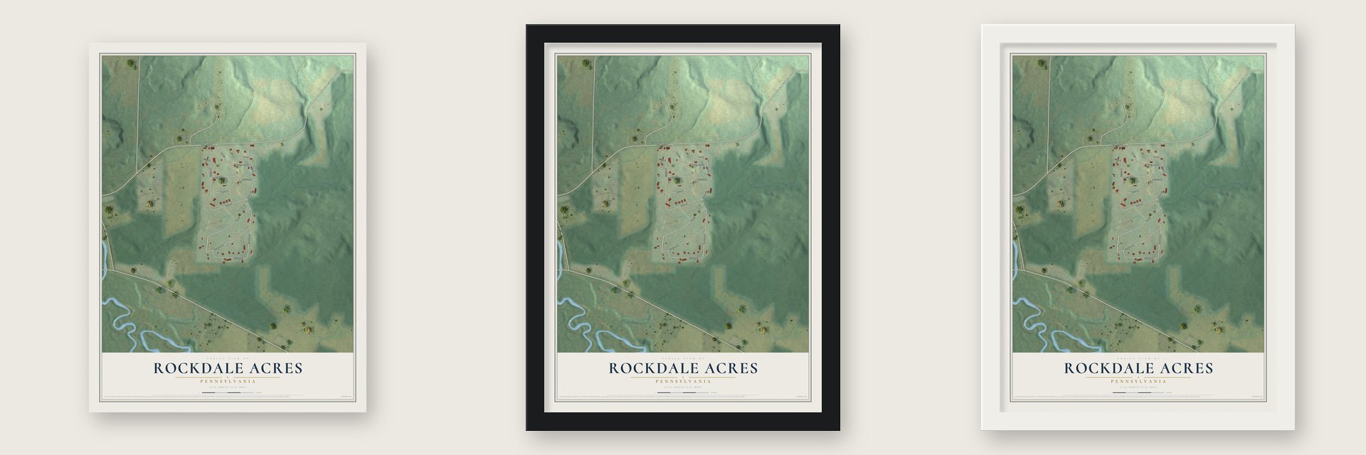 Rockdale Acres, Pennsylvania map unframed, in a black wood frame and in a white wood frame