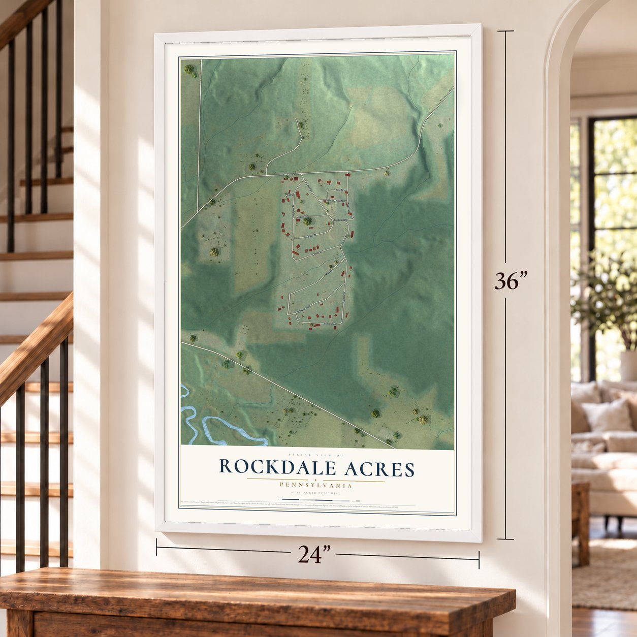 Rockdale Acres, Pennsylvania map, 24 x 36 inch print in a white frame by a staircase