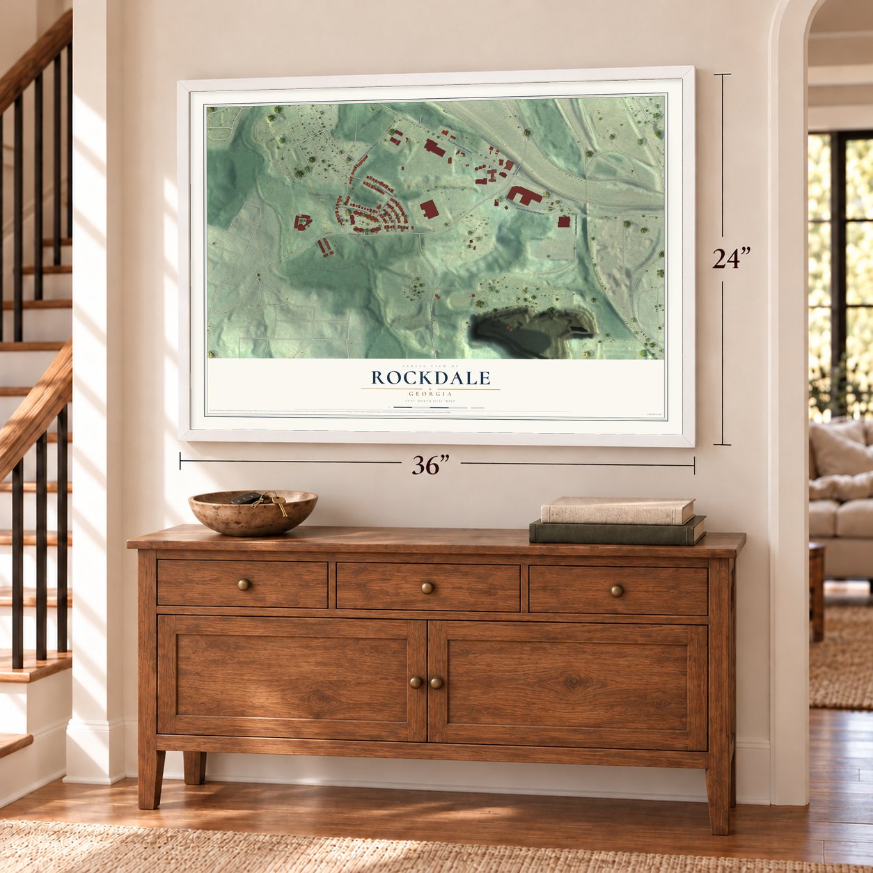 Rockdale, Georgia map, 24 x 36 inch print in a white frame above a dresser by a staircase