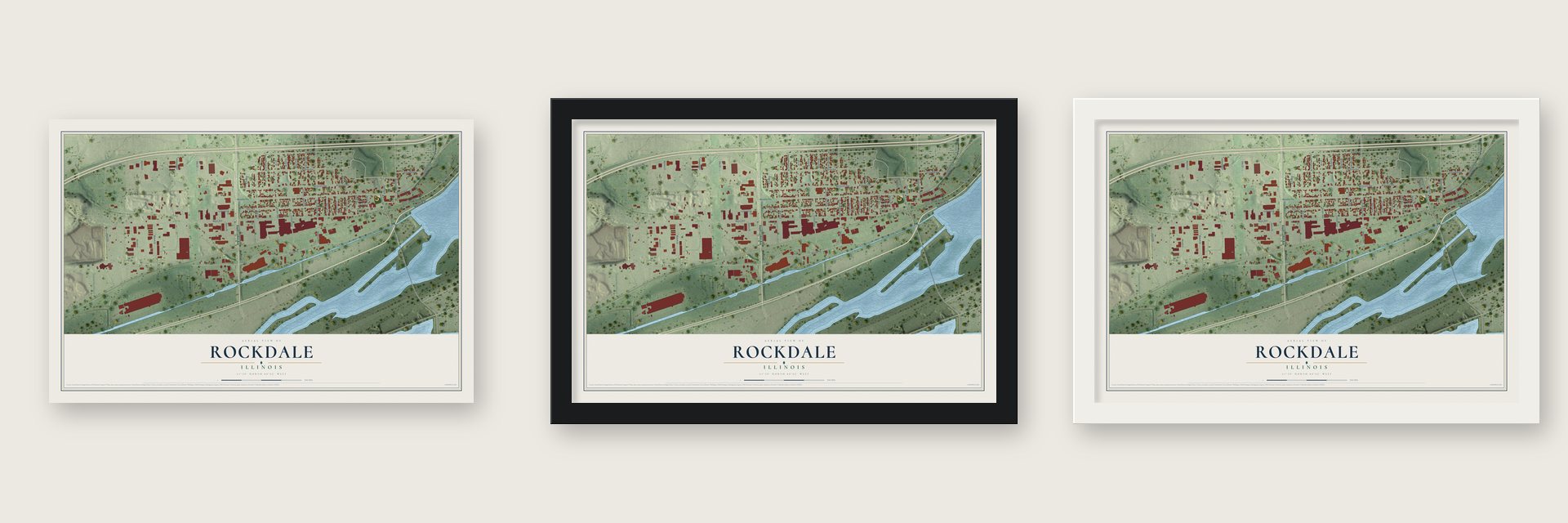 Rockdale, Illinois map unframed, in a black wood frame and in a white wood frame