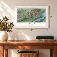 Rockdale, Illinois map, 12 x 18 inch print in a white frame in an entryway