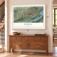 Rockdale, Illinois map, 24 x 36 inch print in a white frame above a dresser by a staircase