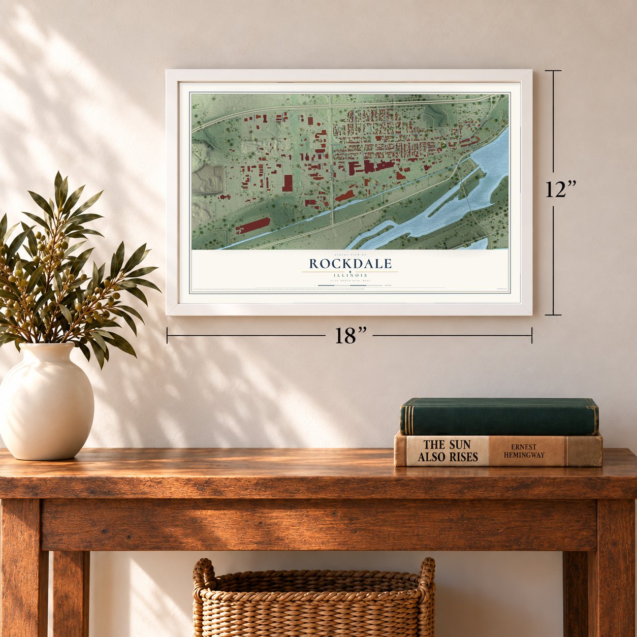 Rockdale, Illinois map, 12 x 18 inch print in a white frame in an entryway