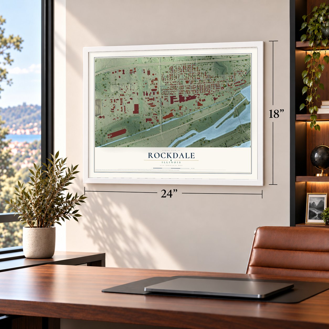 Rockdale, Illinois map, 18 x 24 inch print in a white frame in a home office