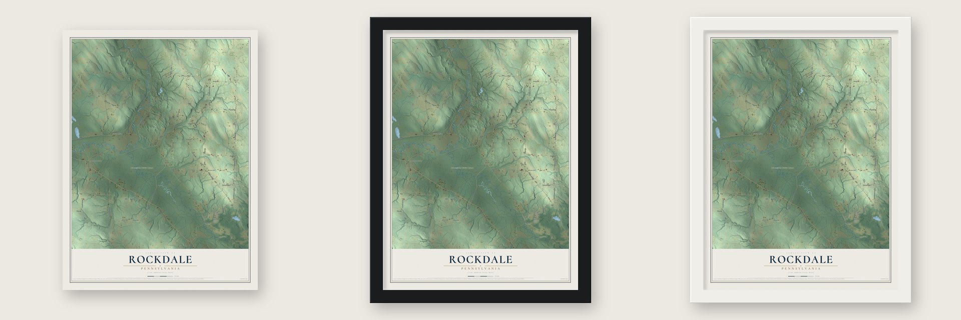 Rockdale, Pennsylvania map unframed, in a black wood frame and in a white wood frame