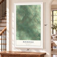 Rockdale, Pennsylvania map, 24 x 36 inch print in a white frame by a staircase
