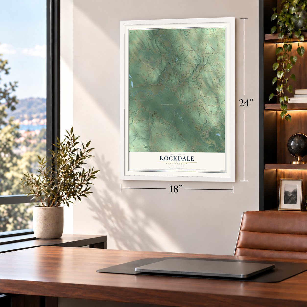 Rockdale, Pennsylvania map, 18 x 24 inch print in a white frame in a home office