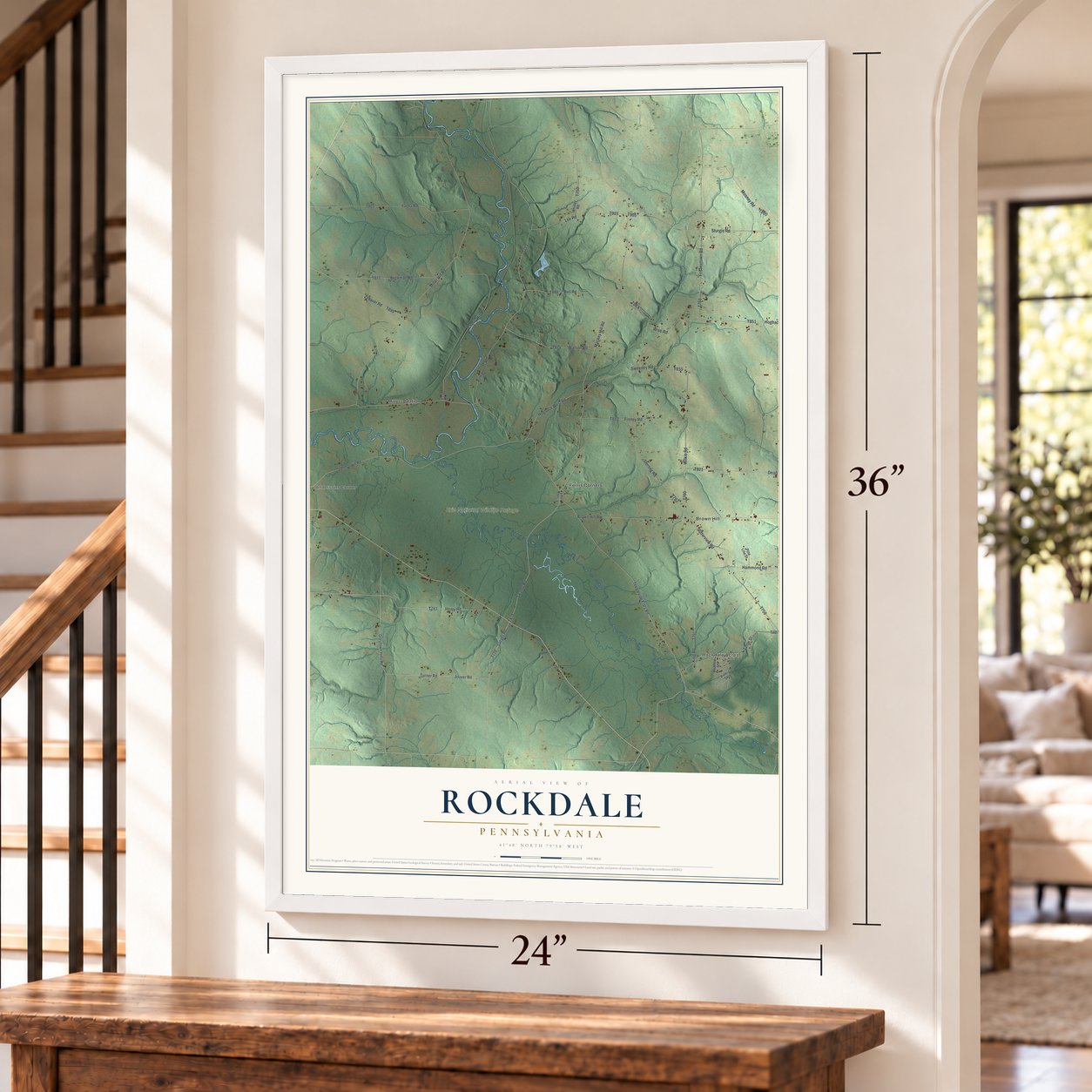 Rockdale, Pennsylvania map, 24 x 36 inch print in a white frame by a staircase