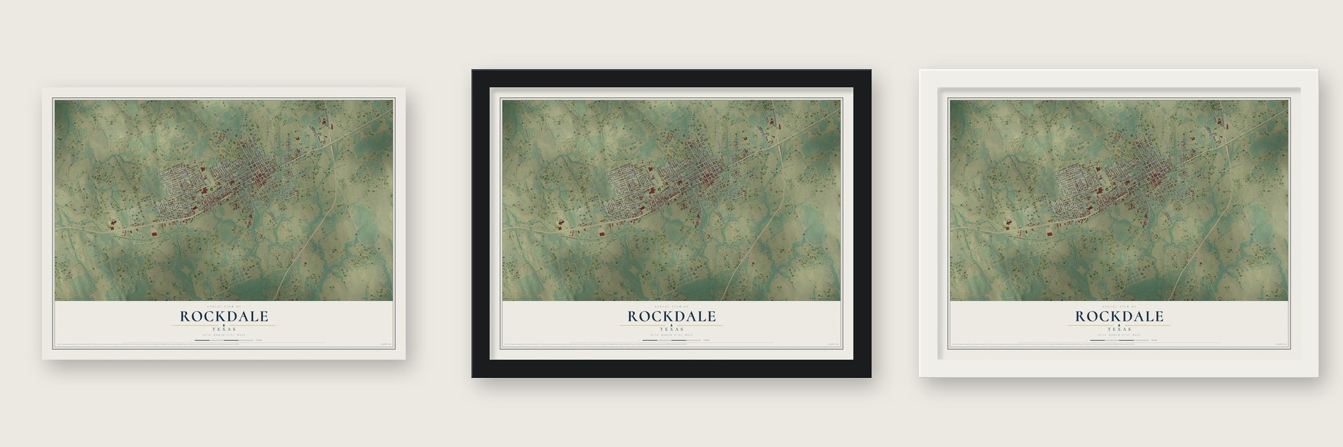 Rockdale, Texas map unframed, in a black wood frame and in a white wood frame