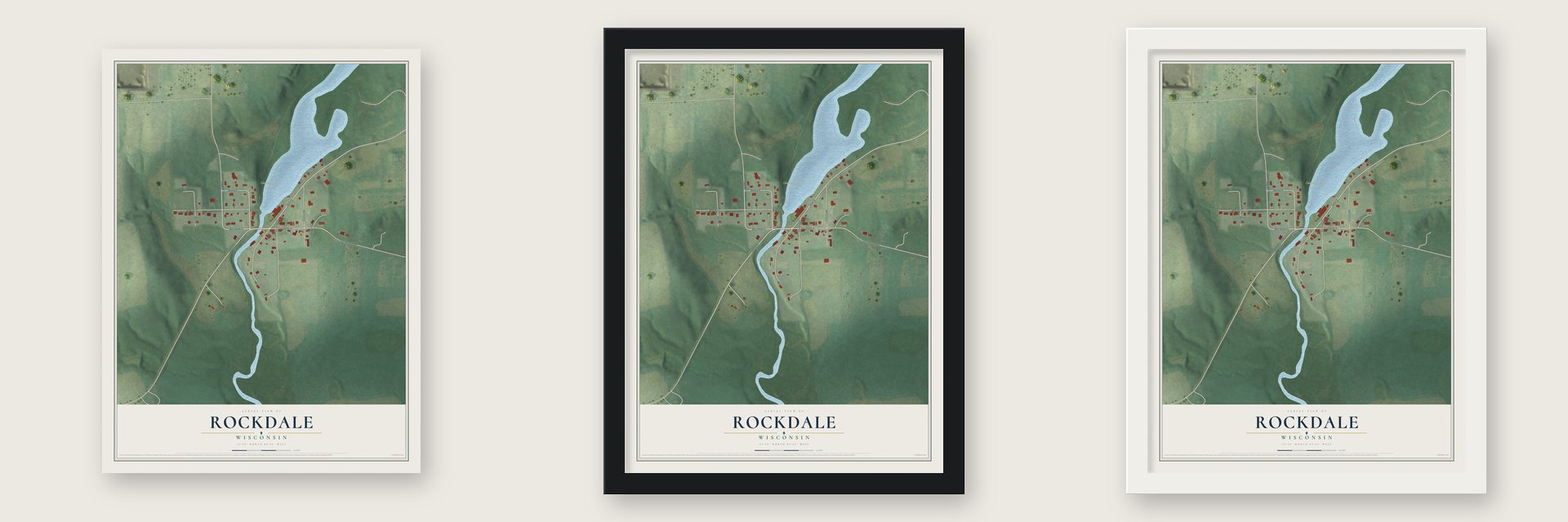 Rockdale, Wisconsin map unframed, in a black wood frame and in a white wood frame