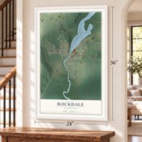Rockdale, Wisconsin map, 24 x 36 inch print in a white frame by a staircase