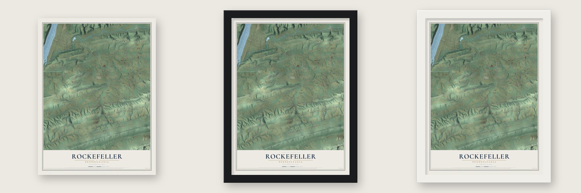 Rockefeller, Pennsylvania map unframed, in a black wood frame and in a white wood frame