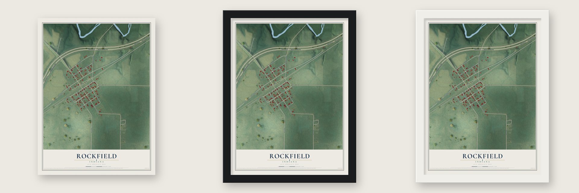 Rockfield, Indiana map unframed, in a black wood frame and in a white wood frame