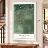 Rockfield, Indiana map, 24 x 36 inch print in a white frame by a staircase