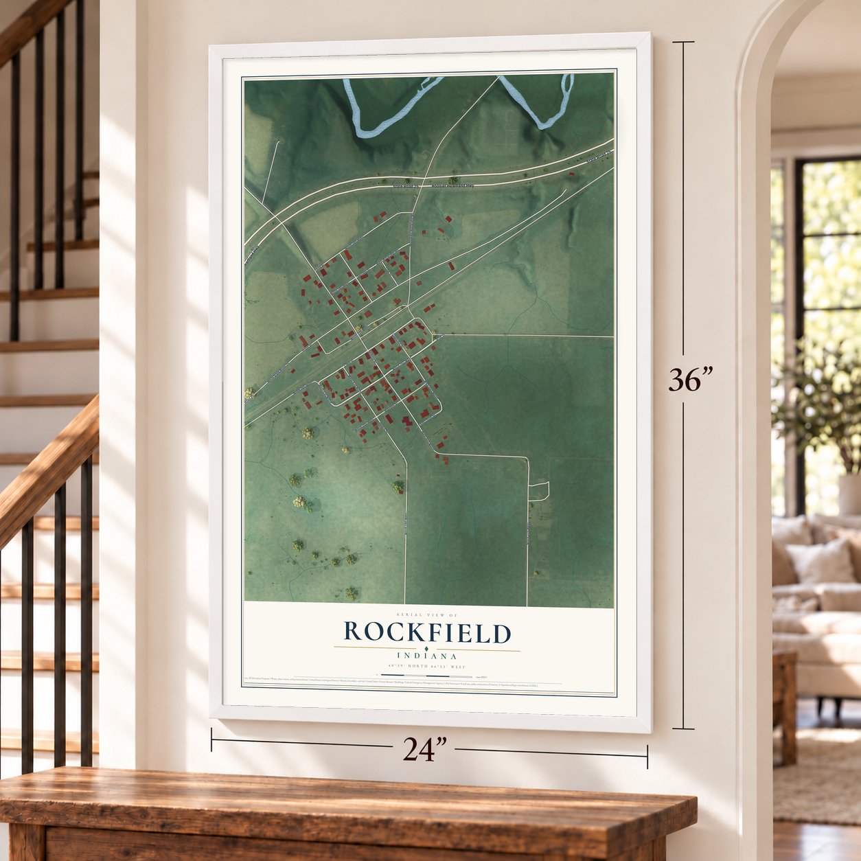 Rockfield, Indiana map, 24 x 36 inch print in a white frame by a staircase