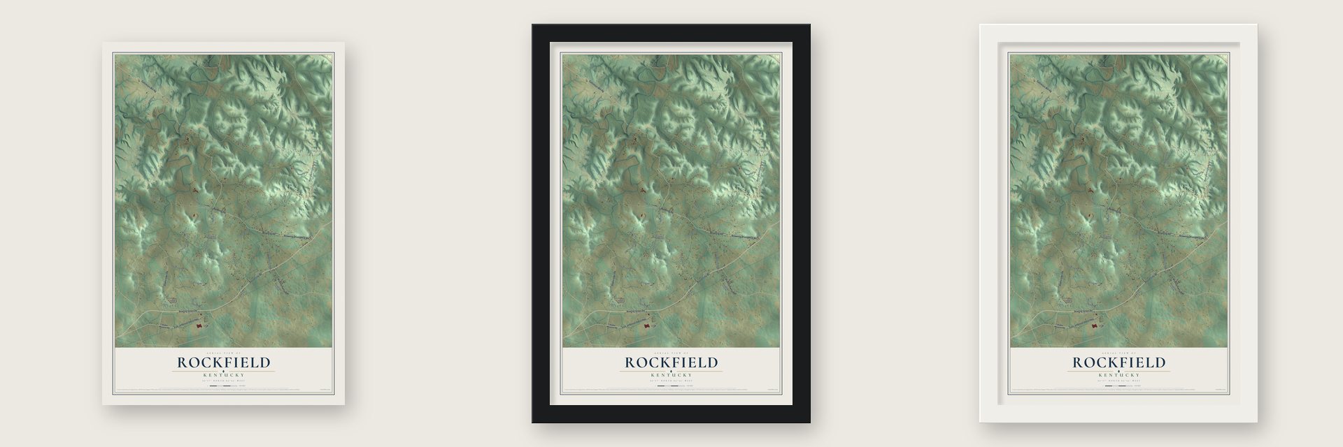 Rockfield, Kentucky map unframed, in a black wood frame and in a white wood frame