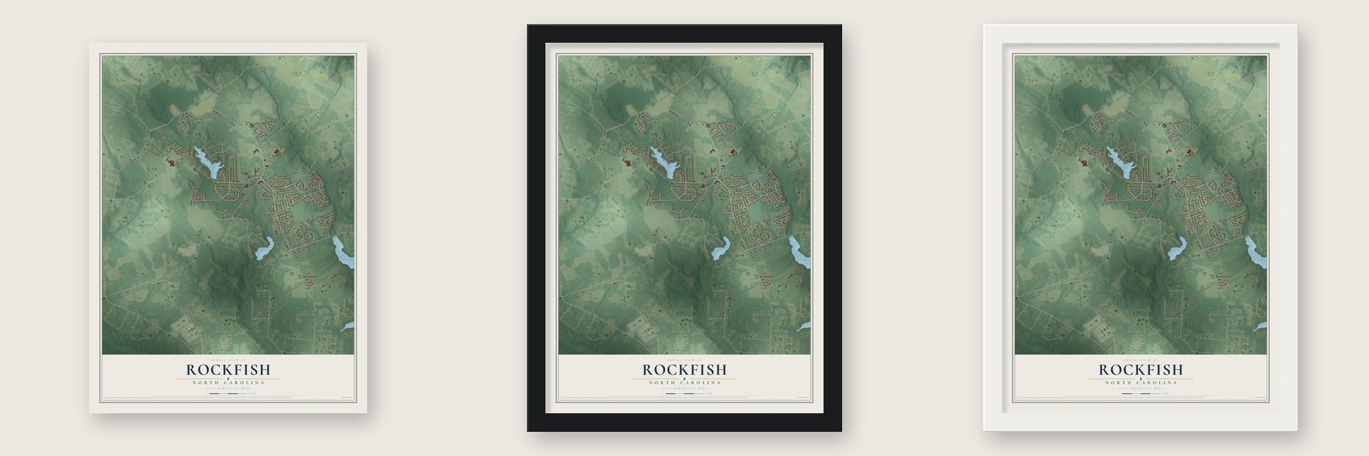 Rockfish, North Carolina map unframed, in a black wood frame and in a white wood frame