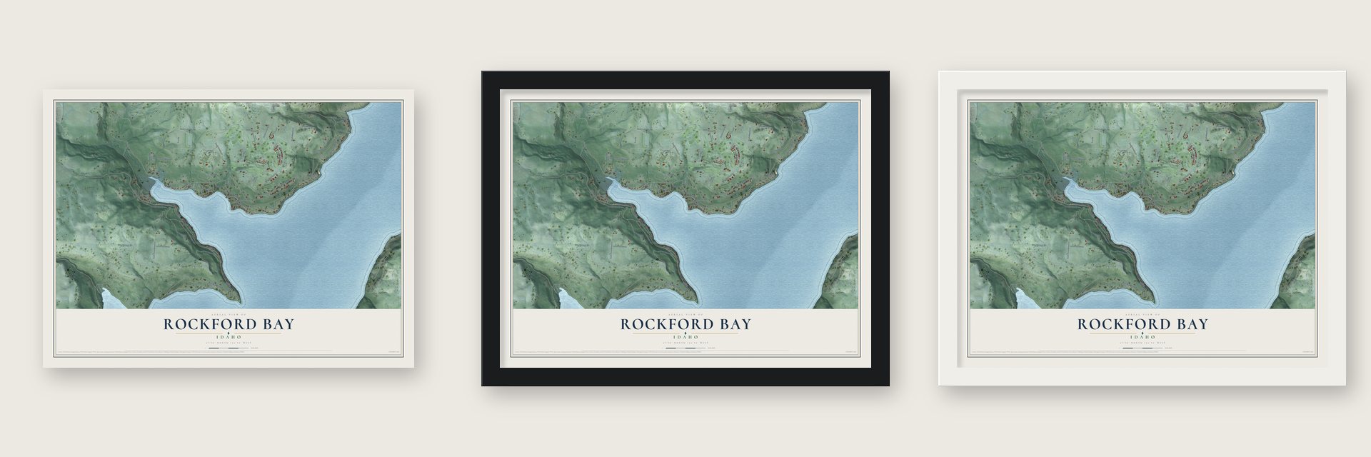 Rockford Bay, Idaho map unframed, in a black wood frame and in a white wood frame
