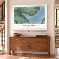 Rockford Bay, Idaho map, 24 x 36 inch print in a white frame above a dresser by a staircase