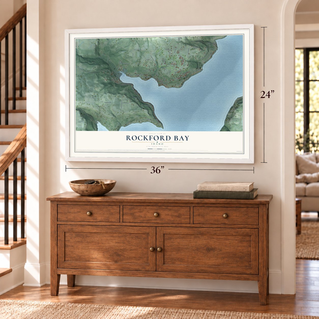 Rockford Bay, Idaho map, 24 x 36 inch print in a white frame above a dresser by a staircase
