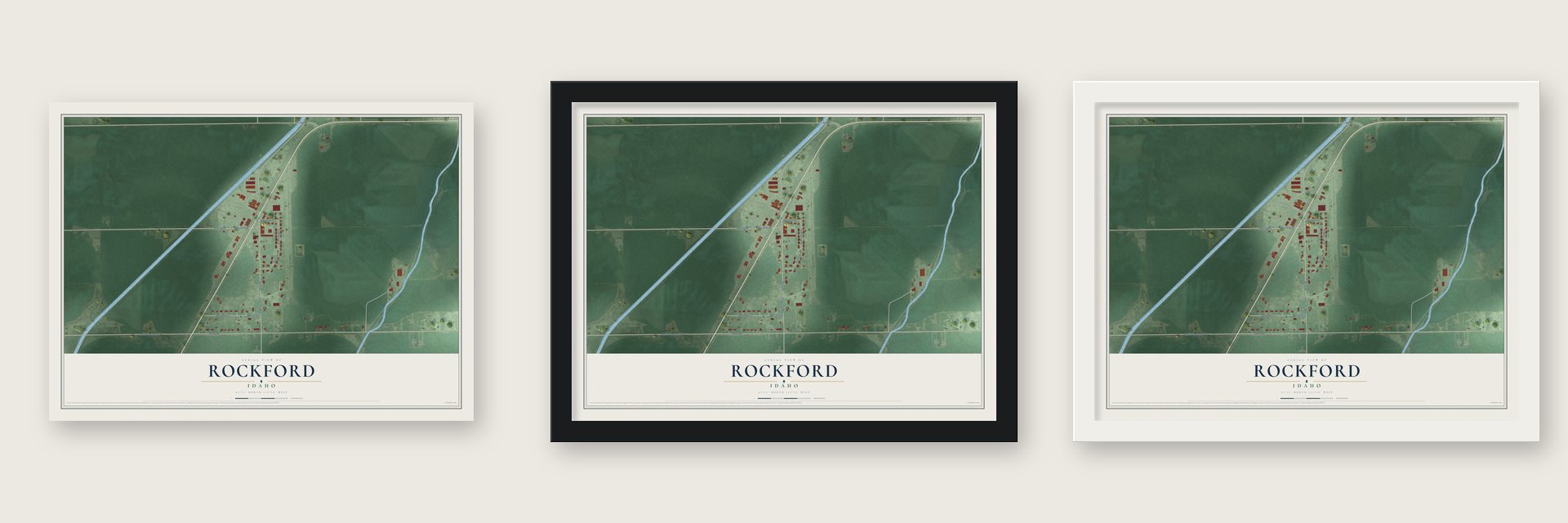 Rockford, Idaho map unframed, in a black wood frame and in a white wood frame