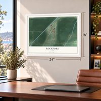 Rockford, Idaho map, 18 x 24 inch print in a white frame in a home office