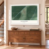 Rockford, Idaho map, 24 x 36 inch print in a white frame above a dresser by a staircase