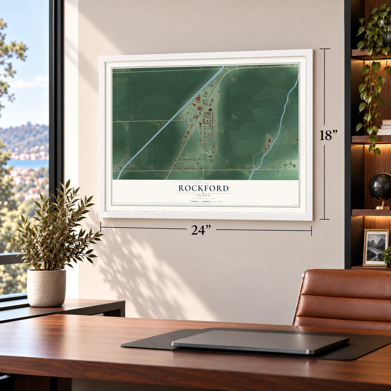 Rockford, Idaho map, 18 x 24 inch print in a white frame in a home office