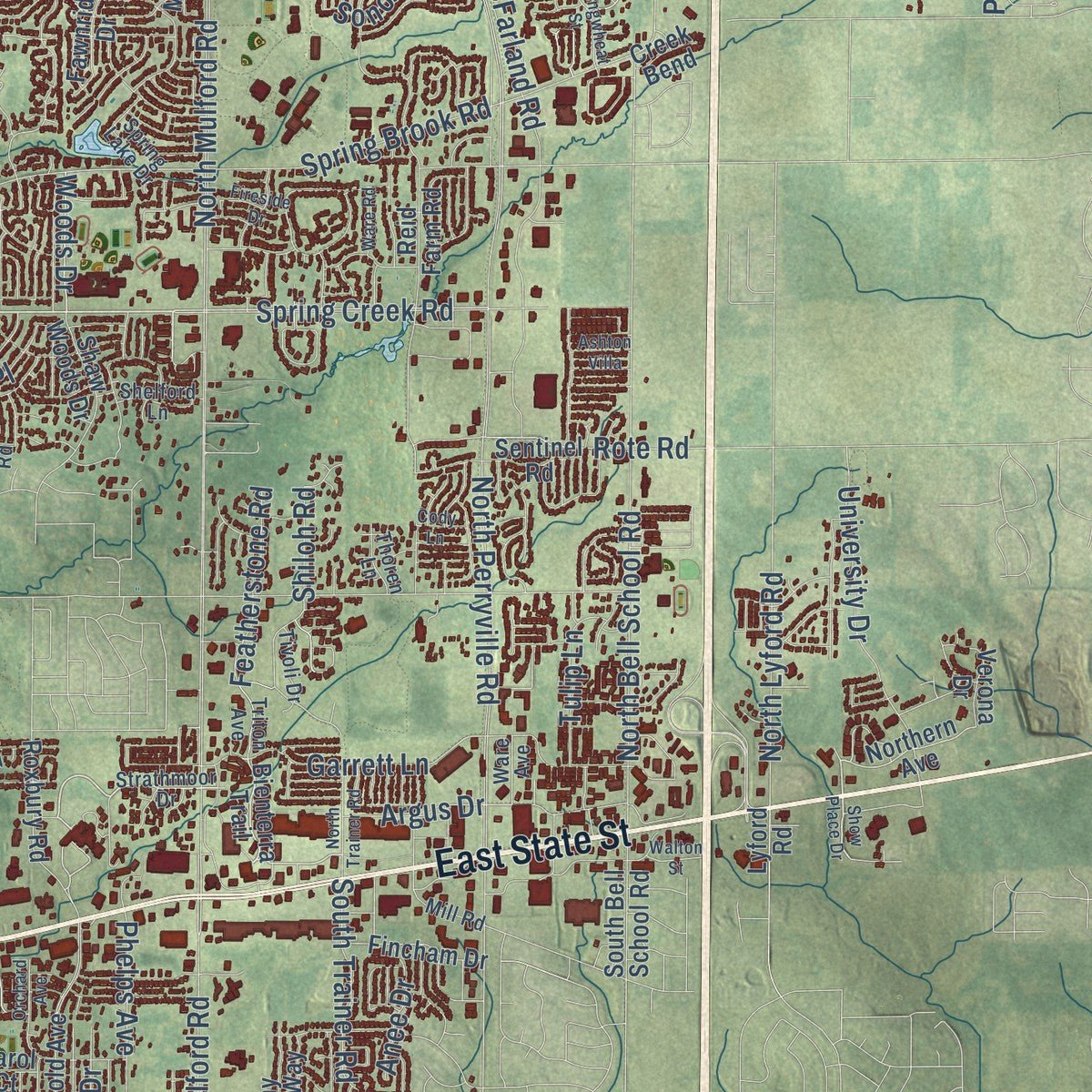 Second close-up of the map of Rockford, Illinois print showing more streets and buildings