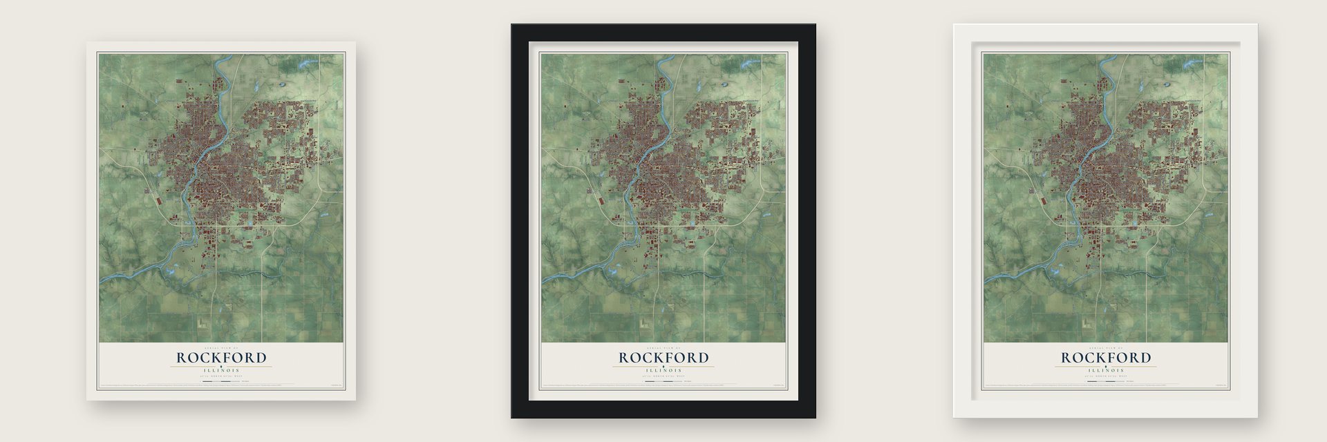 Rockford, Illinois map unframed, in a black wood frame and in a white wood frame