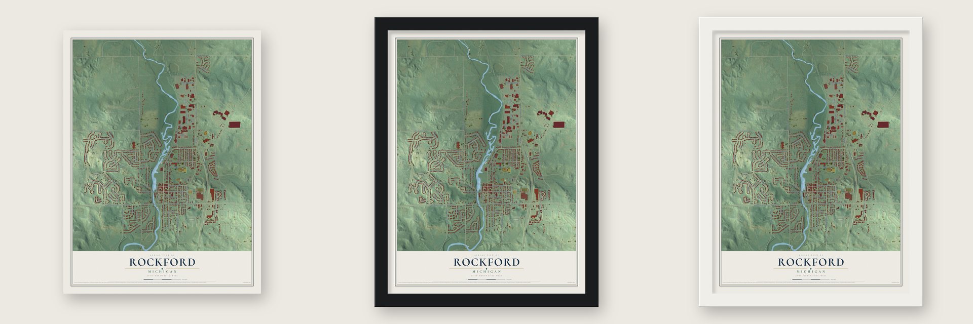 Rockford, Michigan map unframed, in a black wood frame and in a white wood frame