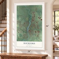 Rockford, Michigan map, 24 x 36 inch print in a white frame by a staircase