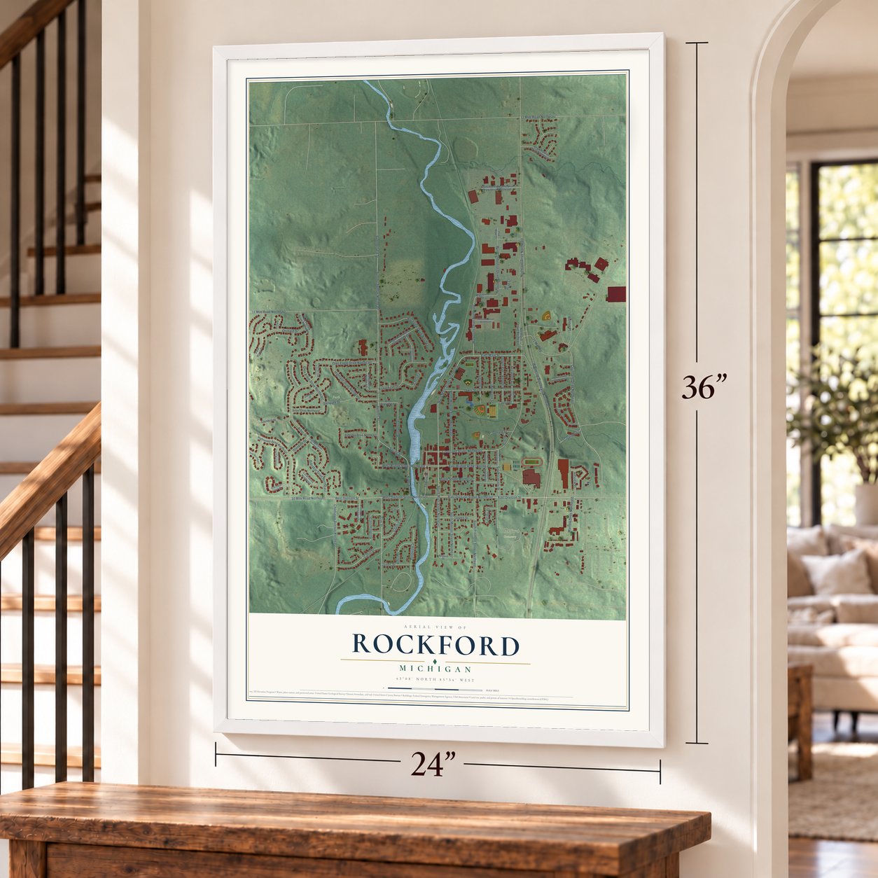 Rockford, Michigan map, 24 x 36 inch print in a white frame by a staircase
