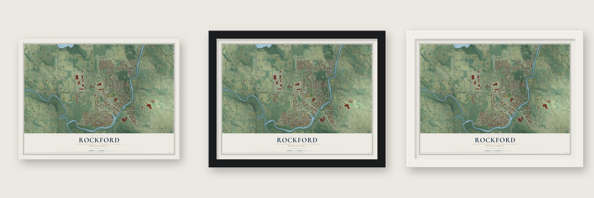 Rockford, Minnesota map unframed, in a black wood frame and in a white wood frame