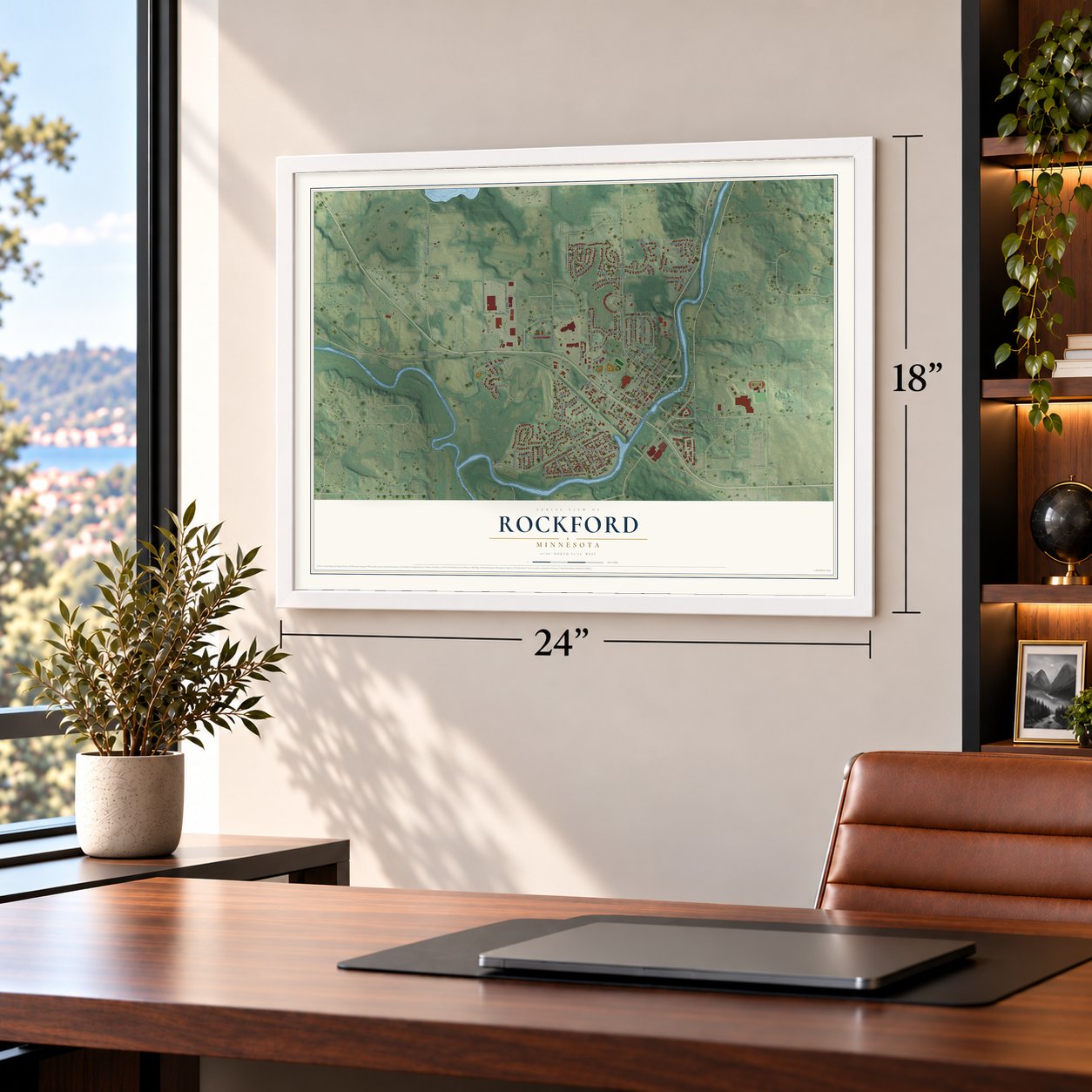 Rockford, Minnesota map, 18 x 24 inch print in a white frame in a home office