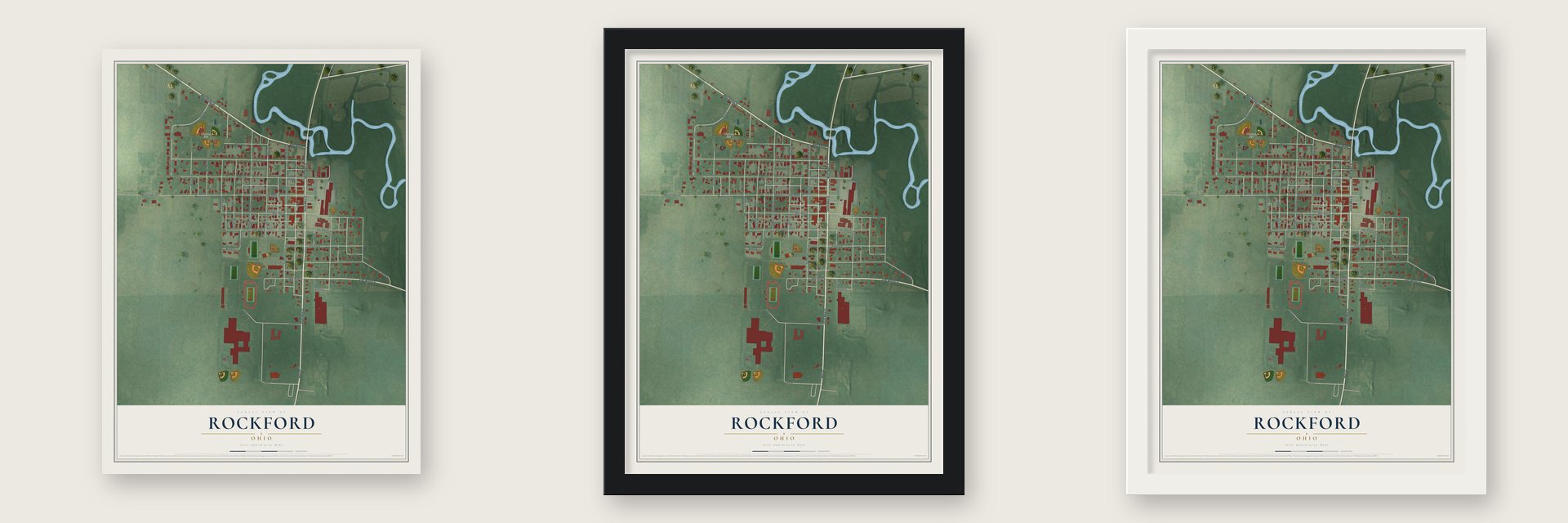 Rockford, Ohio map unframed, in a black wood frame and in a white wood frame