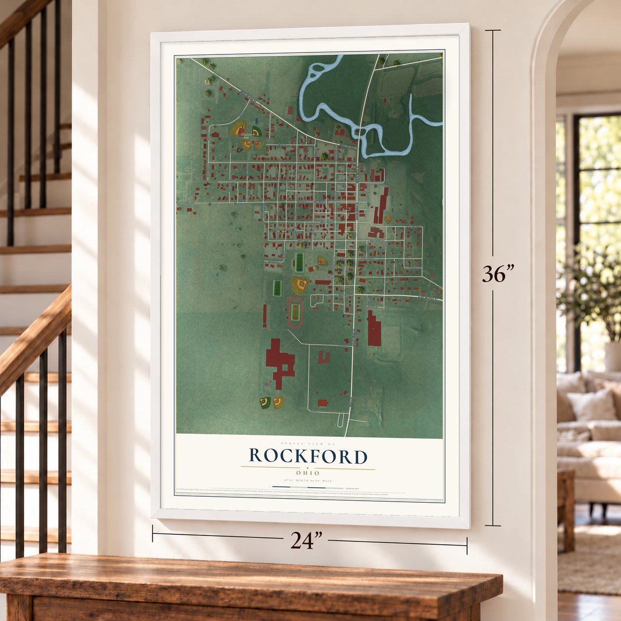Rockford, Ohio map, 24 x 36 inch print in a white frame by a staircase