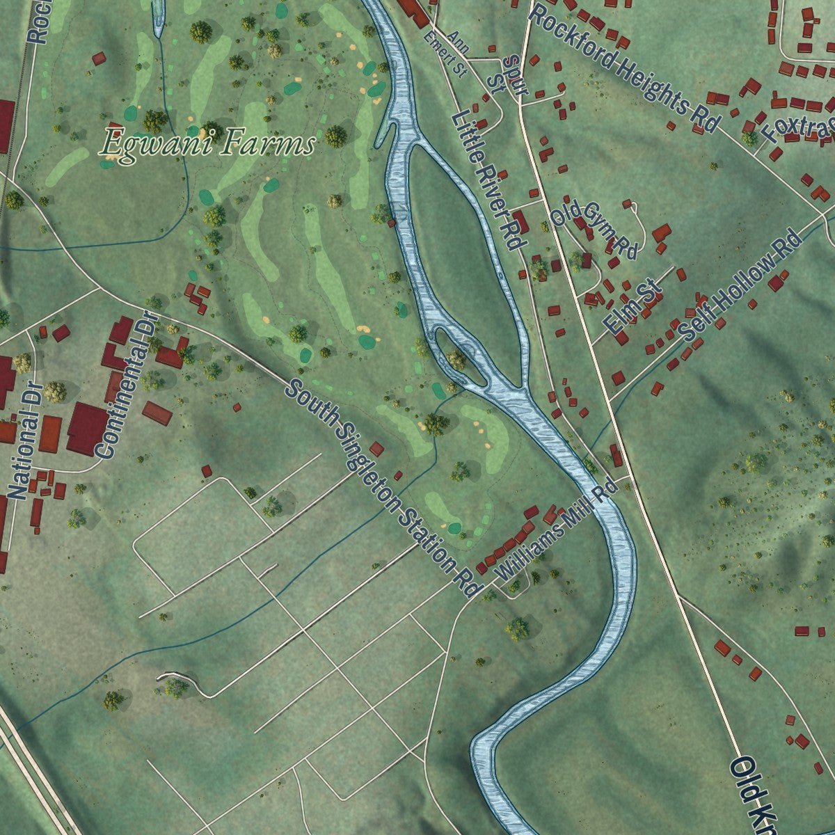 Second close-up of the map of Rockford, Tennessee print showing more streets and buildings